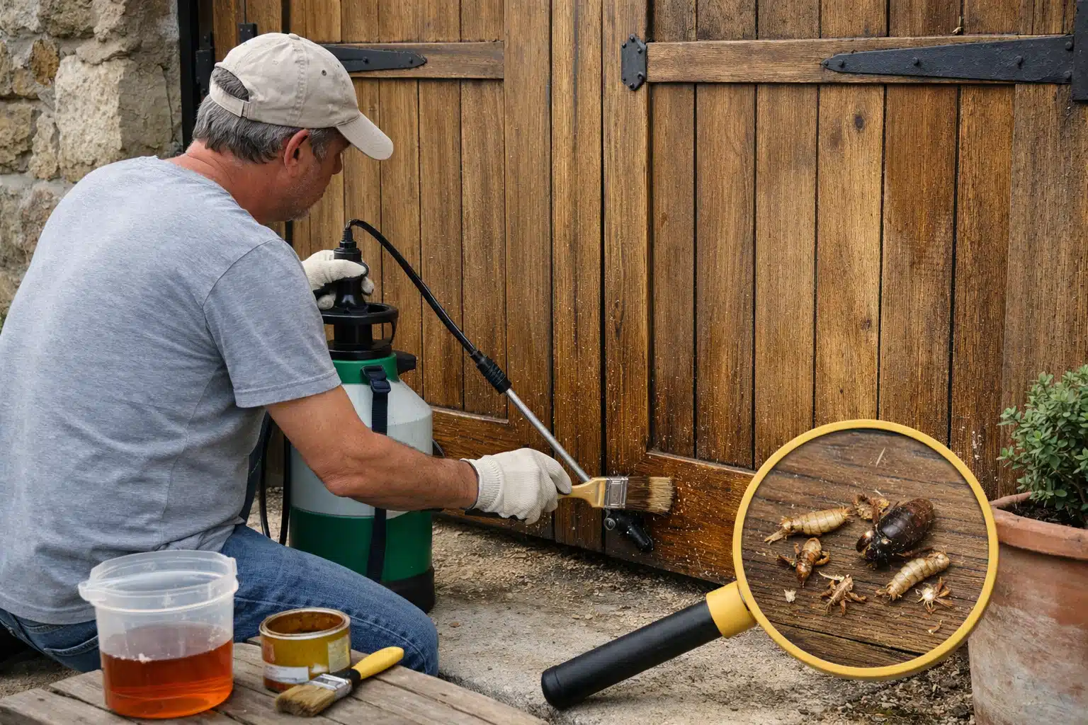 Ouvrier appliquant une teinture sur un portail en bois