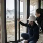 Assurance dommages-ouvrage : dans quels cas elle couvre vos menuiseries extérieures Homme en casque blanc pointant une fenêtre, femme observant