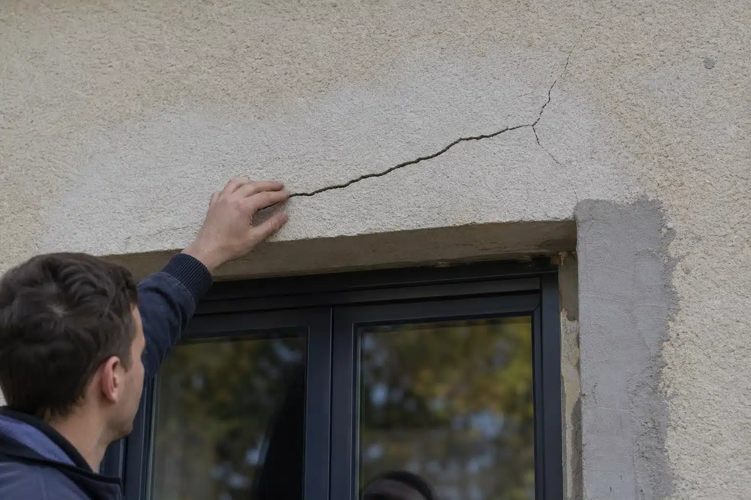 Main indiquant une fissure au‑dessus d'une fenêtre