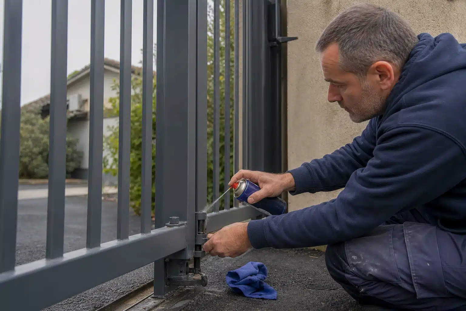 Homme peignant un portail métallique
