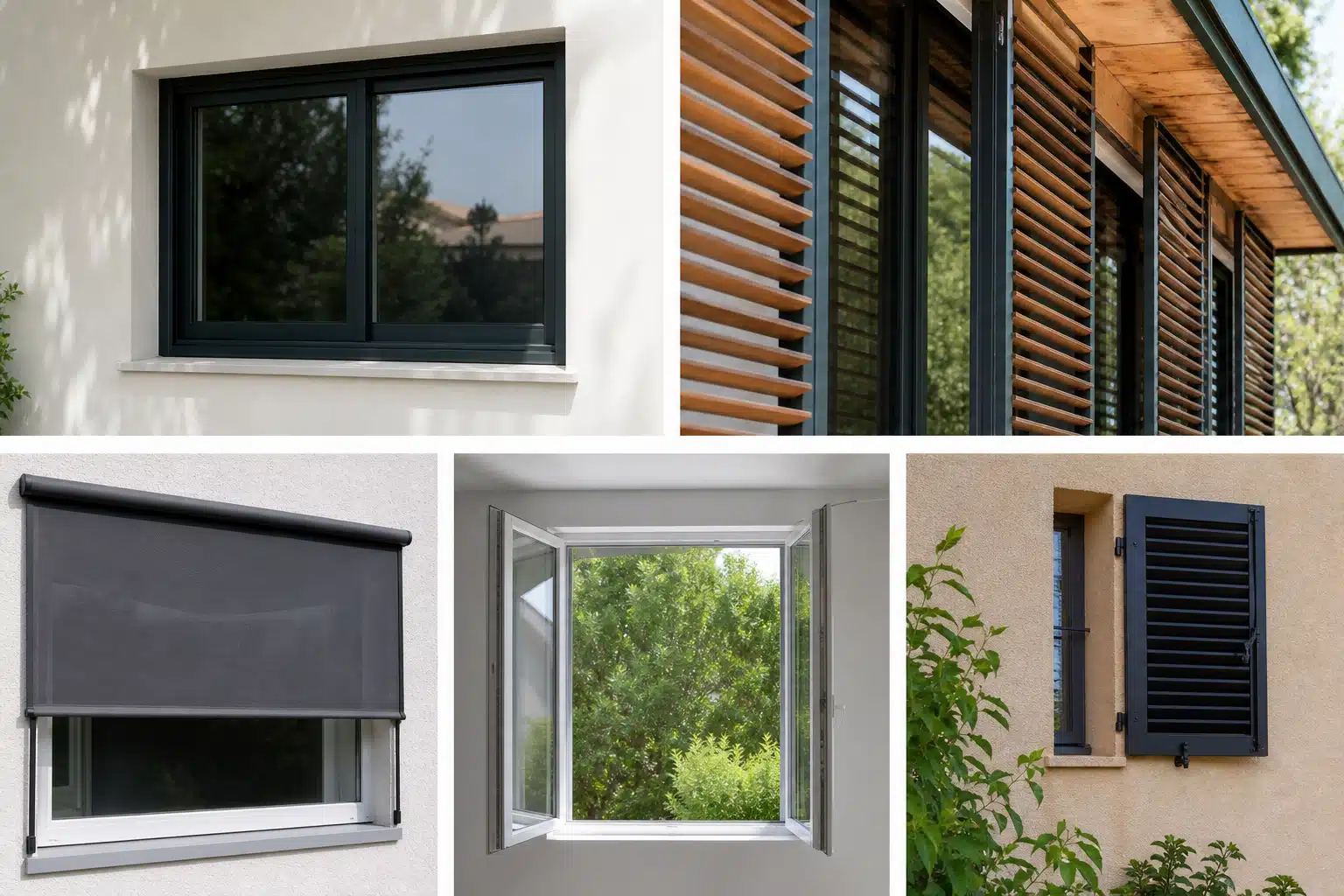 Façade contemporaine avec fenêtres, volets et lames en bois